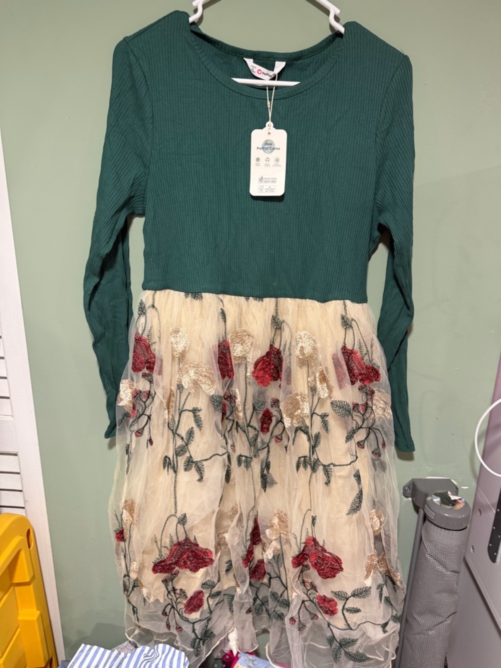 PatPat Emerald Green Ribbed Top with Cream Floral Embroidered Tulle Skirt